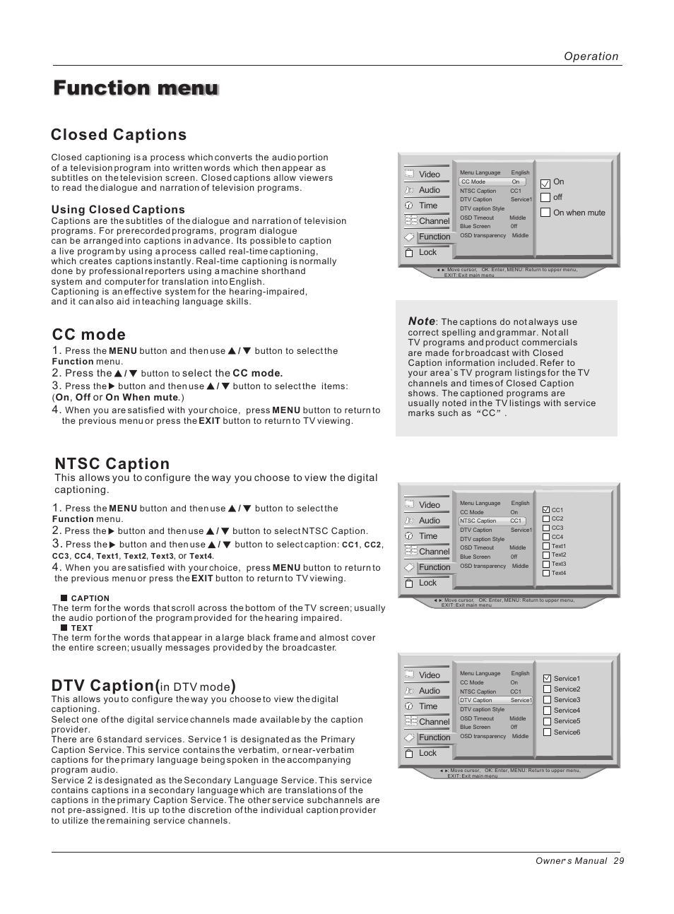 Function menu, Closed captions, Ntsc caption | Dtv caption, Cc mode, Using closed captions, Operation | haier HLH32ATBB User Manual | Page 29 / 48