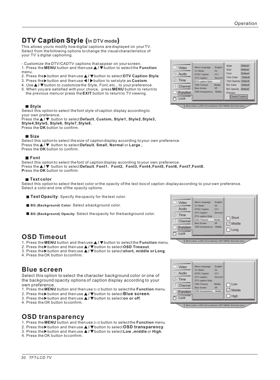 Dtv caption style, Osd timeout, Blue screen | Osd transparency, Operation, Style, Size, Font, Text color, Text opacity | haier HLH32ATBB User Manual | Page 30 / 48