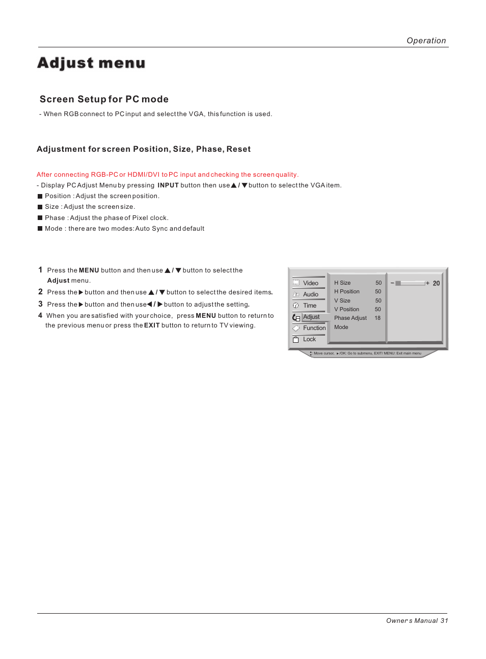Adjust menu, Screen setup for pc mode | haier HLH32ATBB User Manual | Page 31 / 48