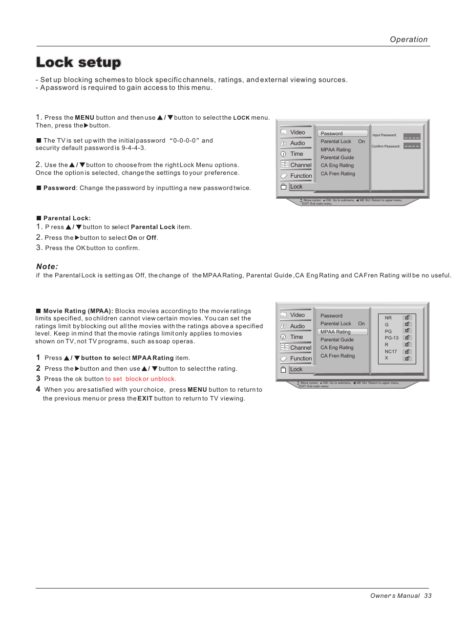 Lock setup, Operation 1 | haier HLH32ATBB User Manual | Page 33 / 48