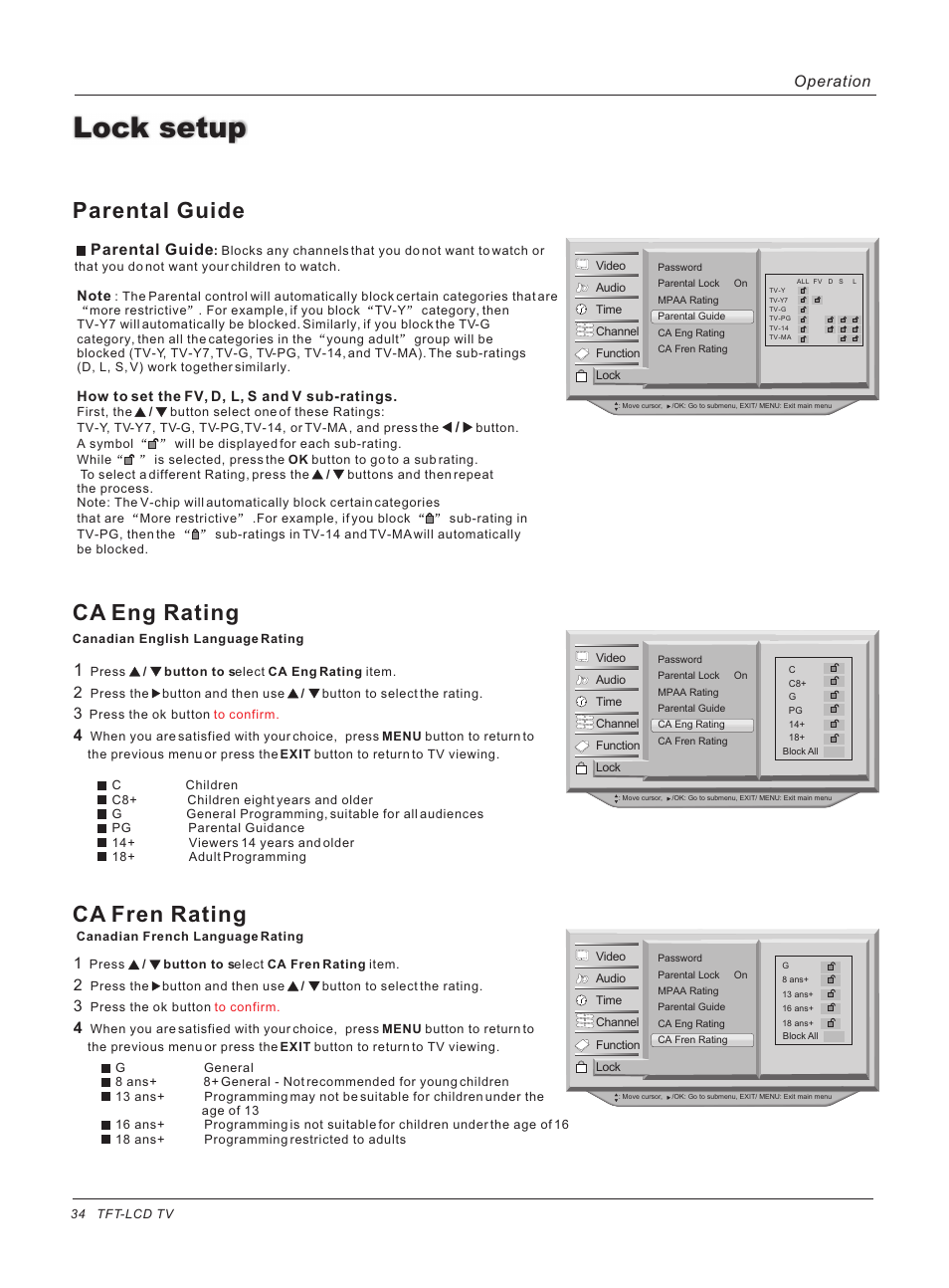 Lock setup, Parental guide ca eng rating ca fren rating, Parental guide | Operation | haier HLH32ATBB User Manual | Page 34 / 48