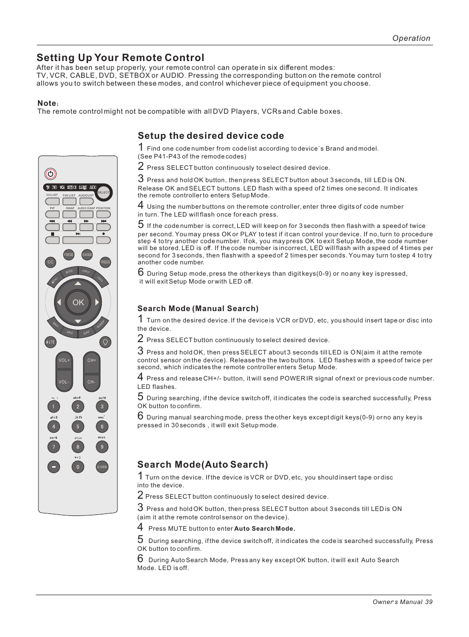 Setting up your remote control, Setup the desired device code, Search mode(auto search) | Search mode (manual search), Operation | haier HLH32ATBB User Manual | Page 39 / 48