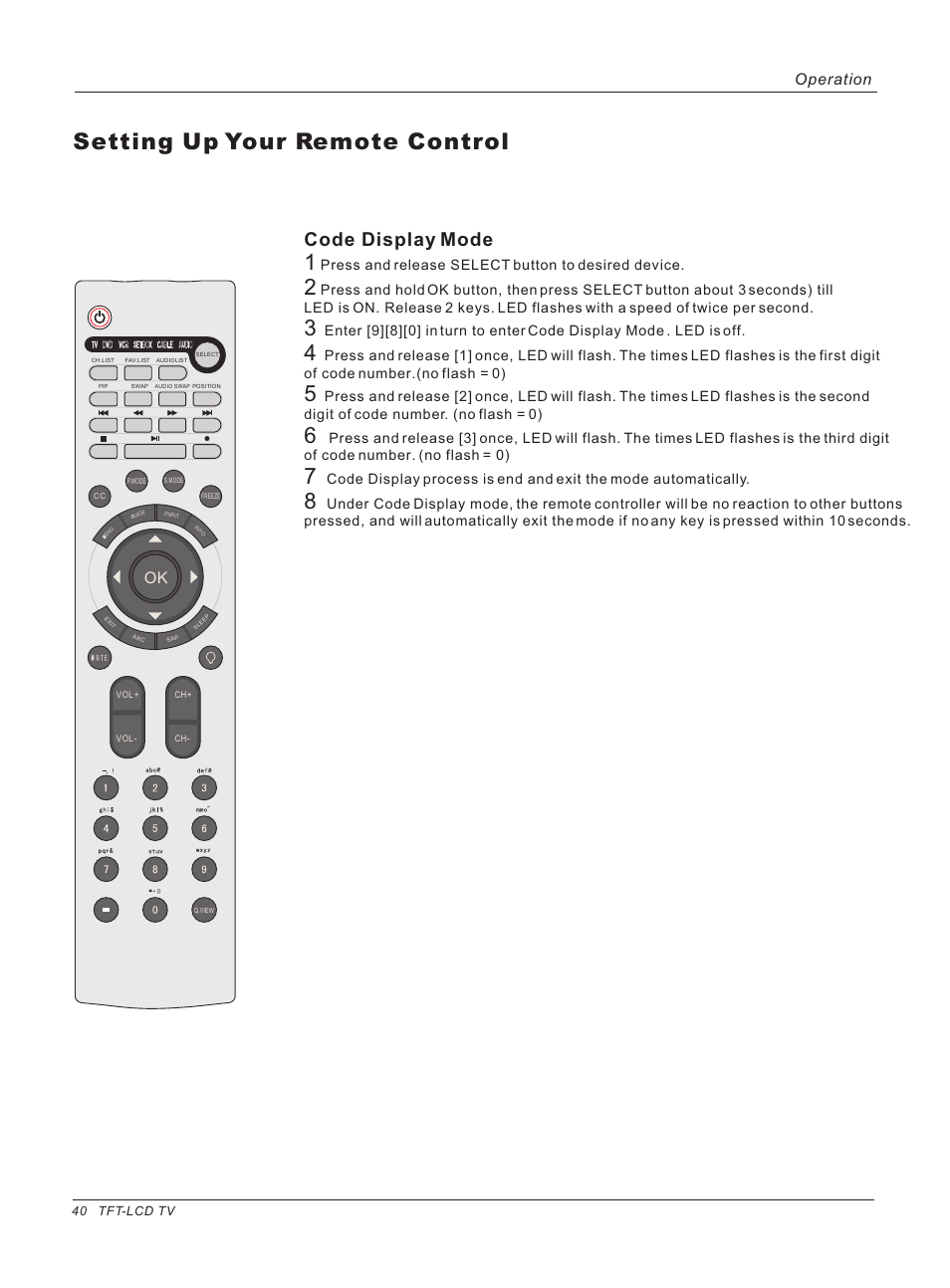 Setting up your remote control, Code display mode, Operation | haier HLH32ATBB User Manual | Page 40 / 48
