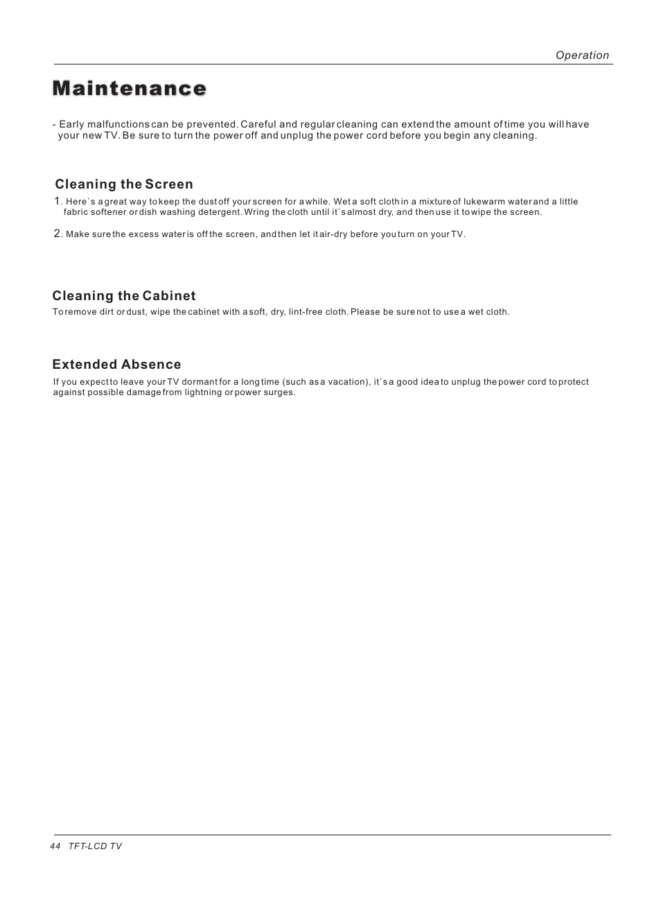 Maintenance, Cleaning the screen, Cleaning the cabinet extended absence | haier HLH32ATBB User Manual | Page 44 / 48