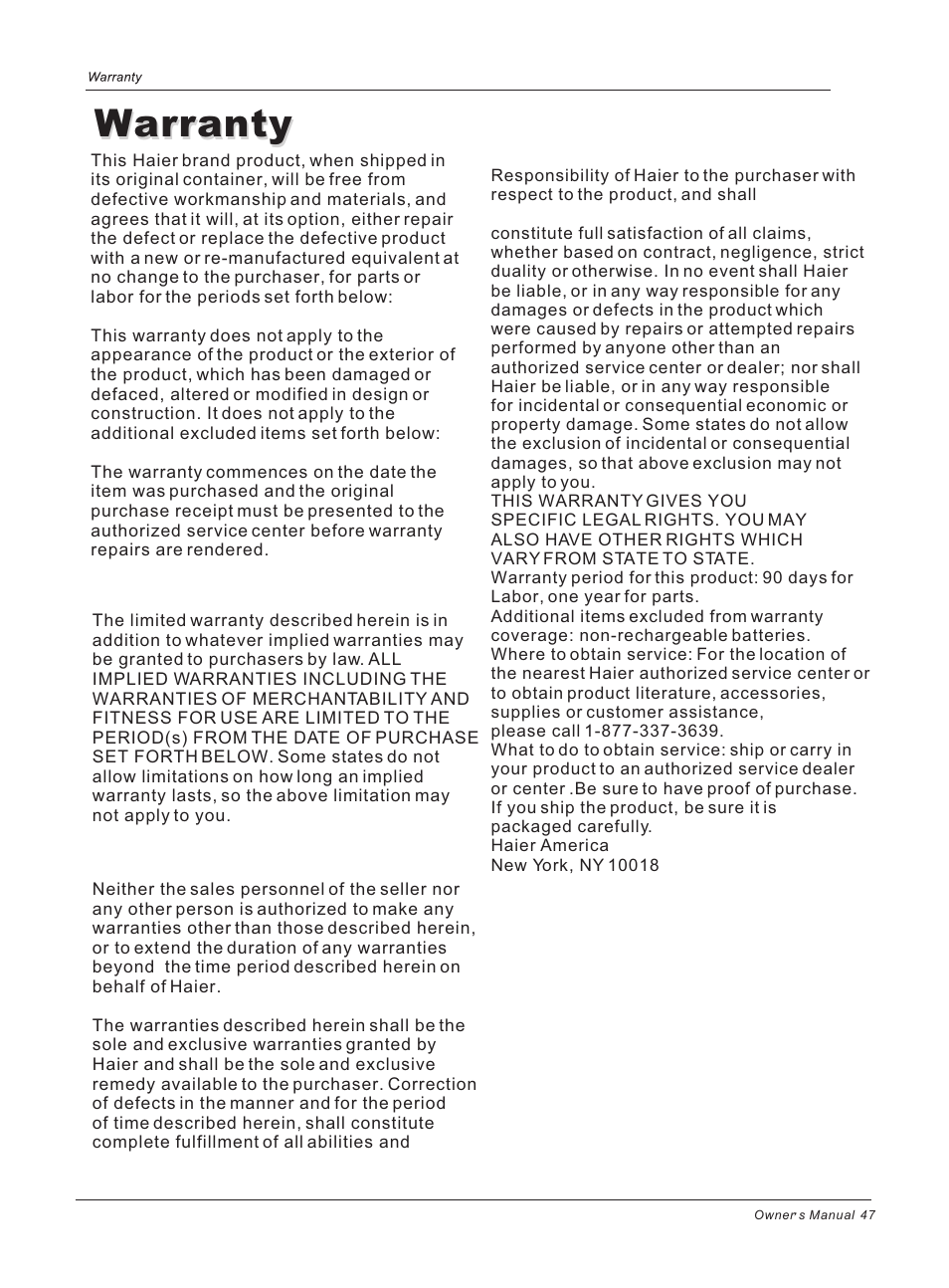 Warranty | haier HLH32ATBB User Manual | Page 47 / 48