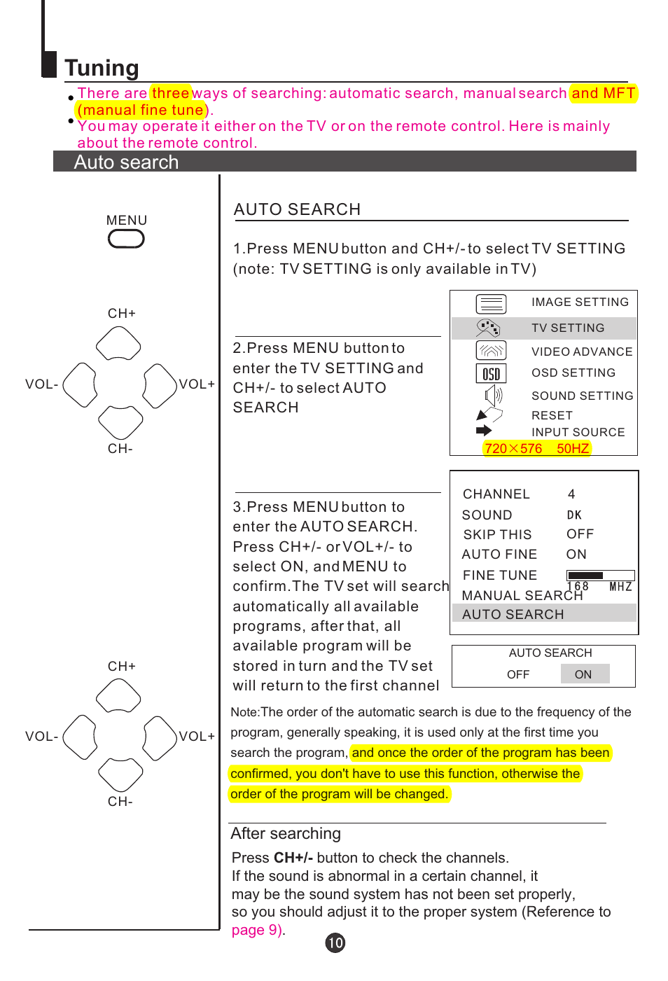 Tuning, Auto search, After searching | haier L20AV6-A0 User Manual | Page 11 / 24