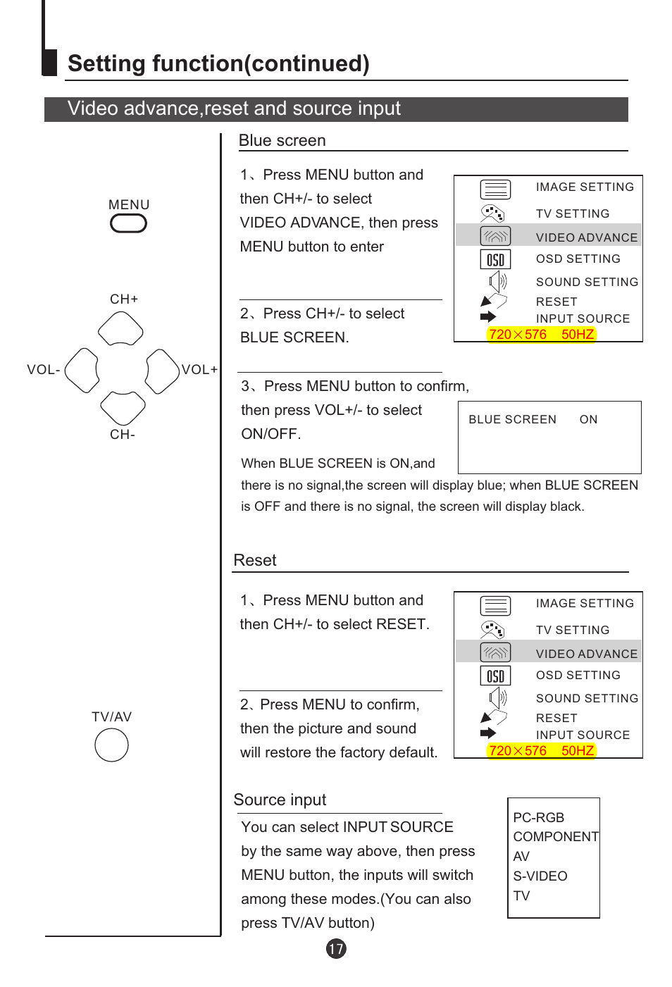 Setting function(continued), Video advance,reset and source input | haier L20AV6-A0 User Manual | Page 18 / 24