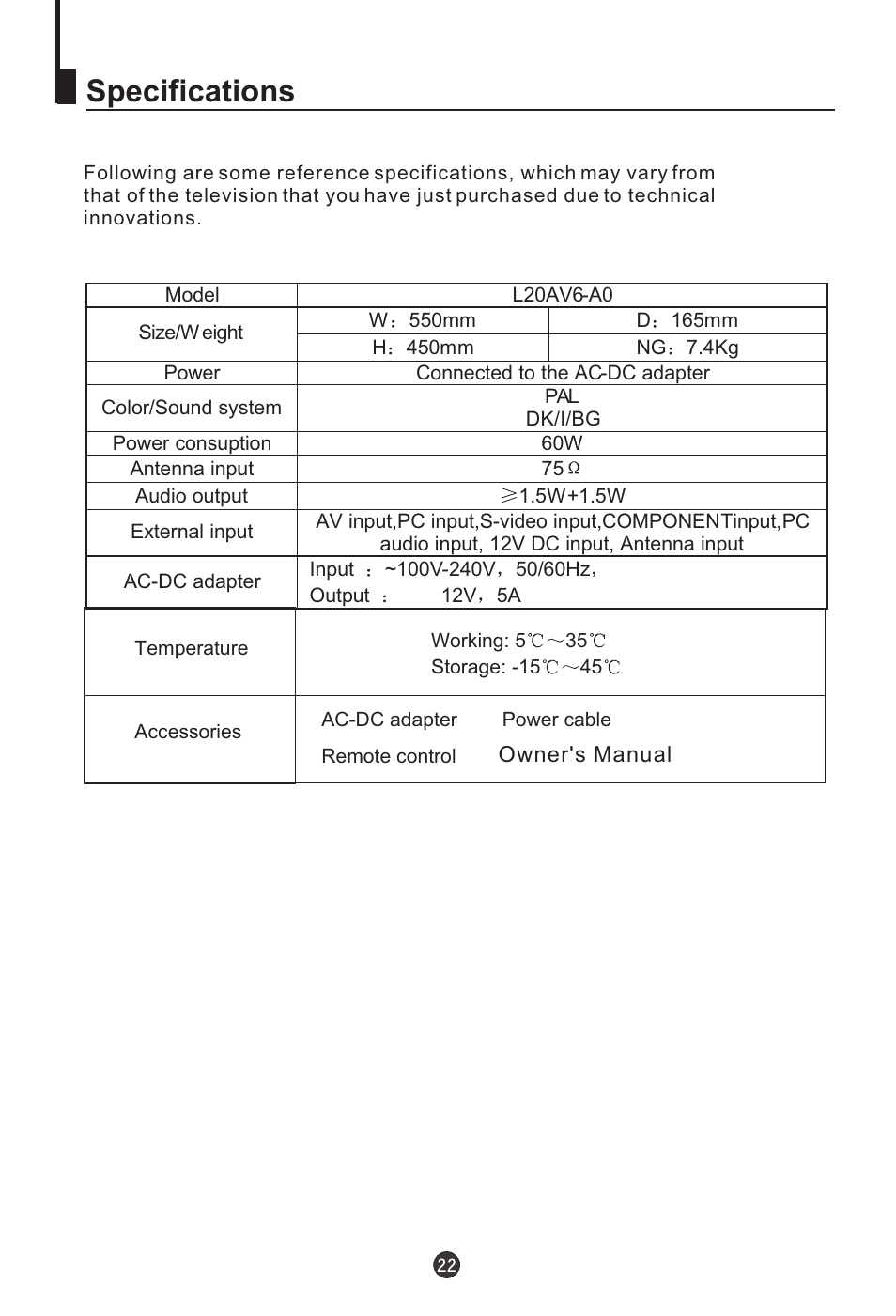 Specifications | haier L20AV6-A0 User Manual | Page 23 / 24