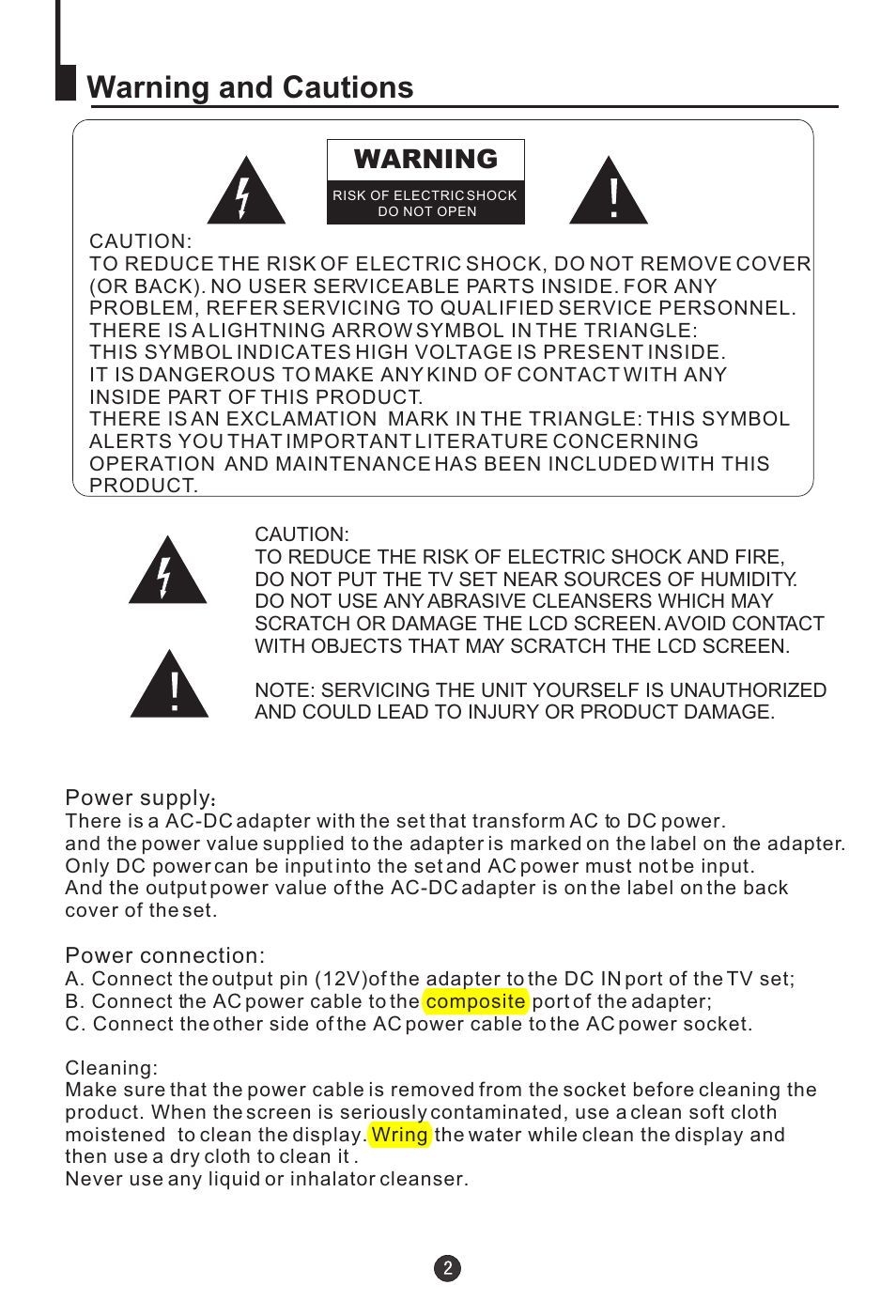 Warning and cautions, Warning | haier L20AV6-A0 User Manual | Page 3 / 24