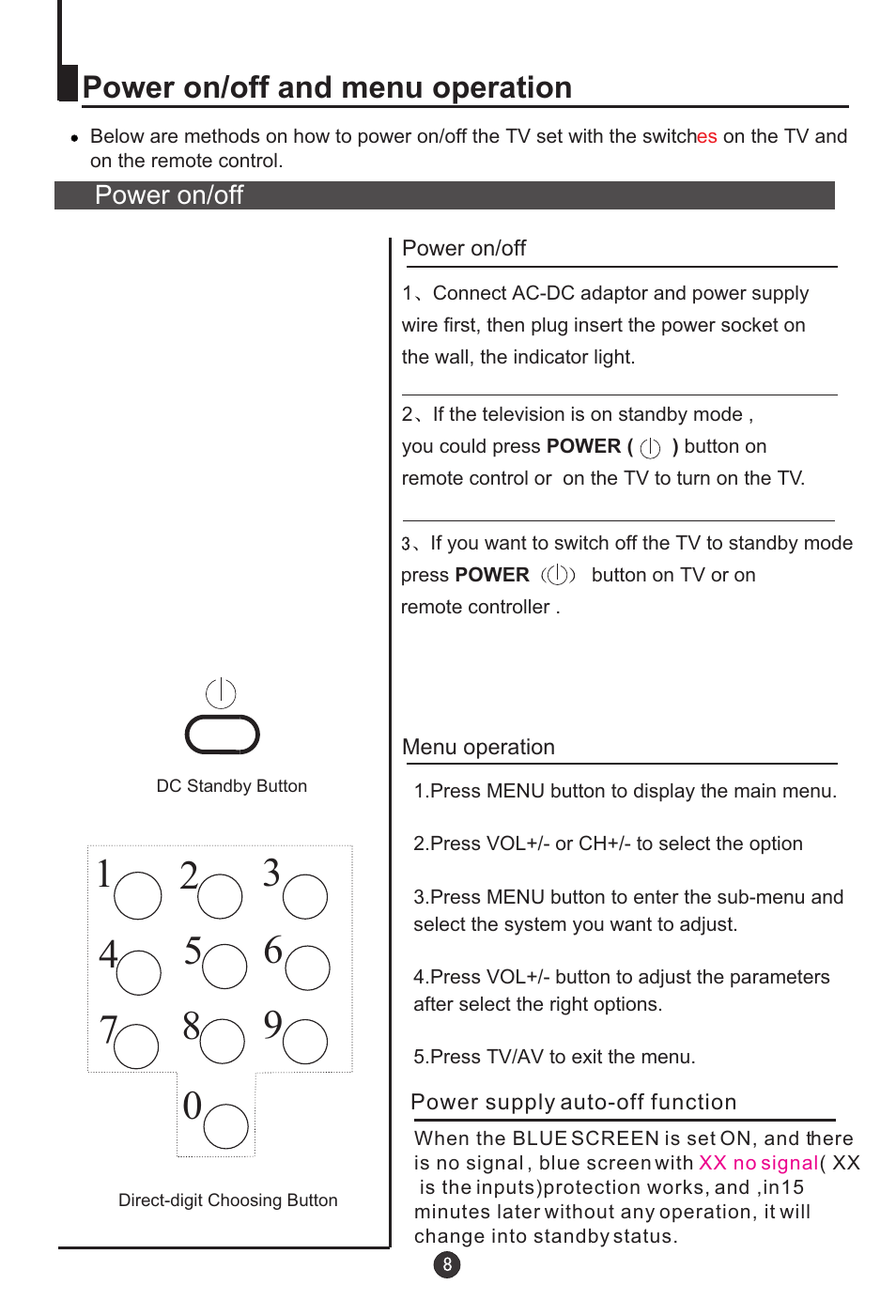 Power on/off and menu operation | haier L20AV6-A0 User Manual | Page 9 / 24