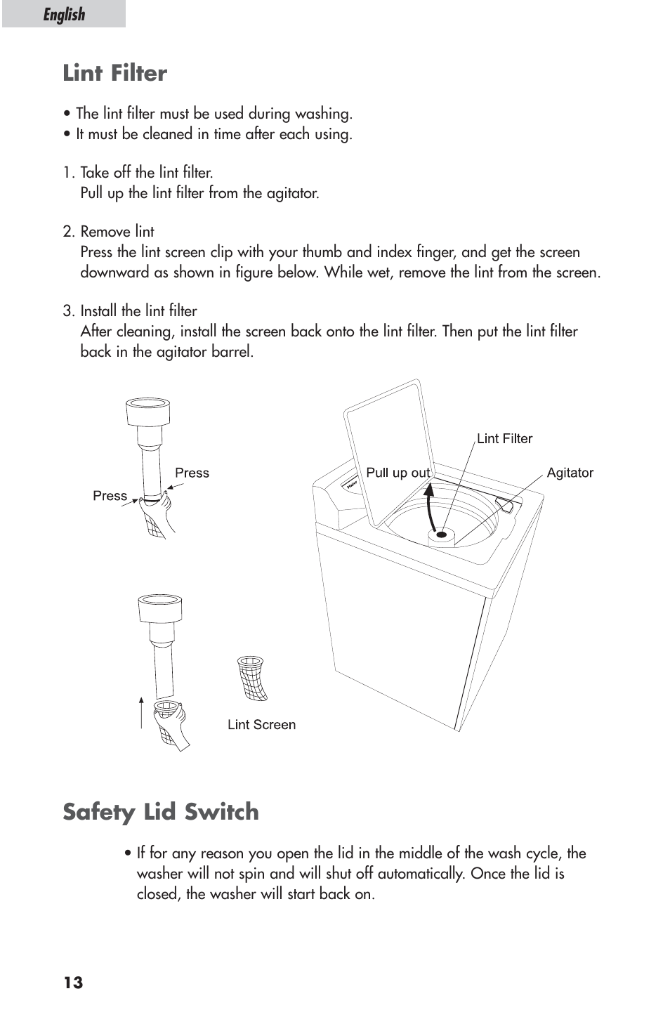 Lint filter, Safety lid switch | haier ESL-T21 User Manual | Page 14 / 72