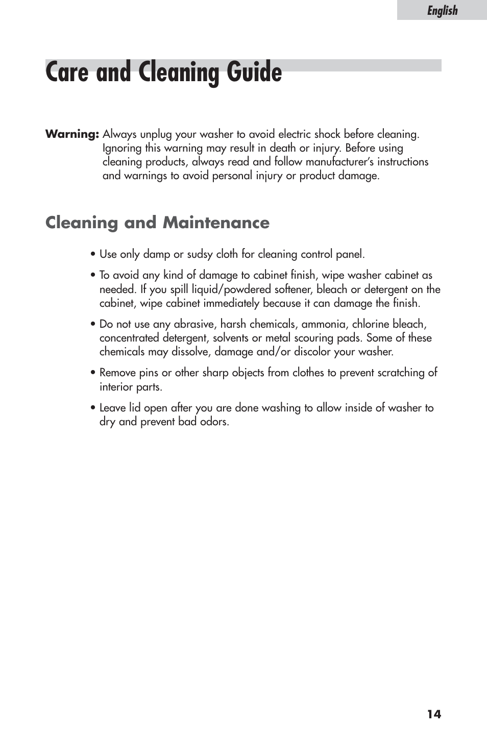 Care and cleaning guide, Cleaning and maintenance | haier ESL-T21 User Manual | Page 15 / 72