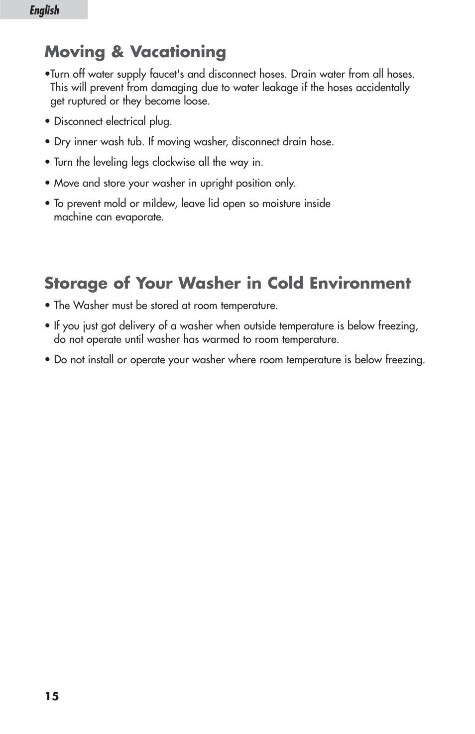 Moving & vacationing, Storage of your washer in cold environment | haier ESL-T21 User Manual | Page 16 / 72