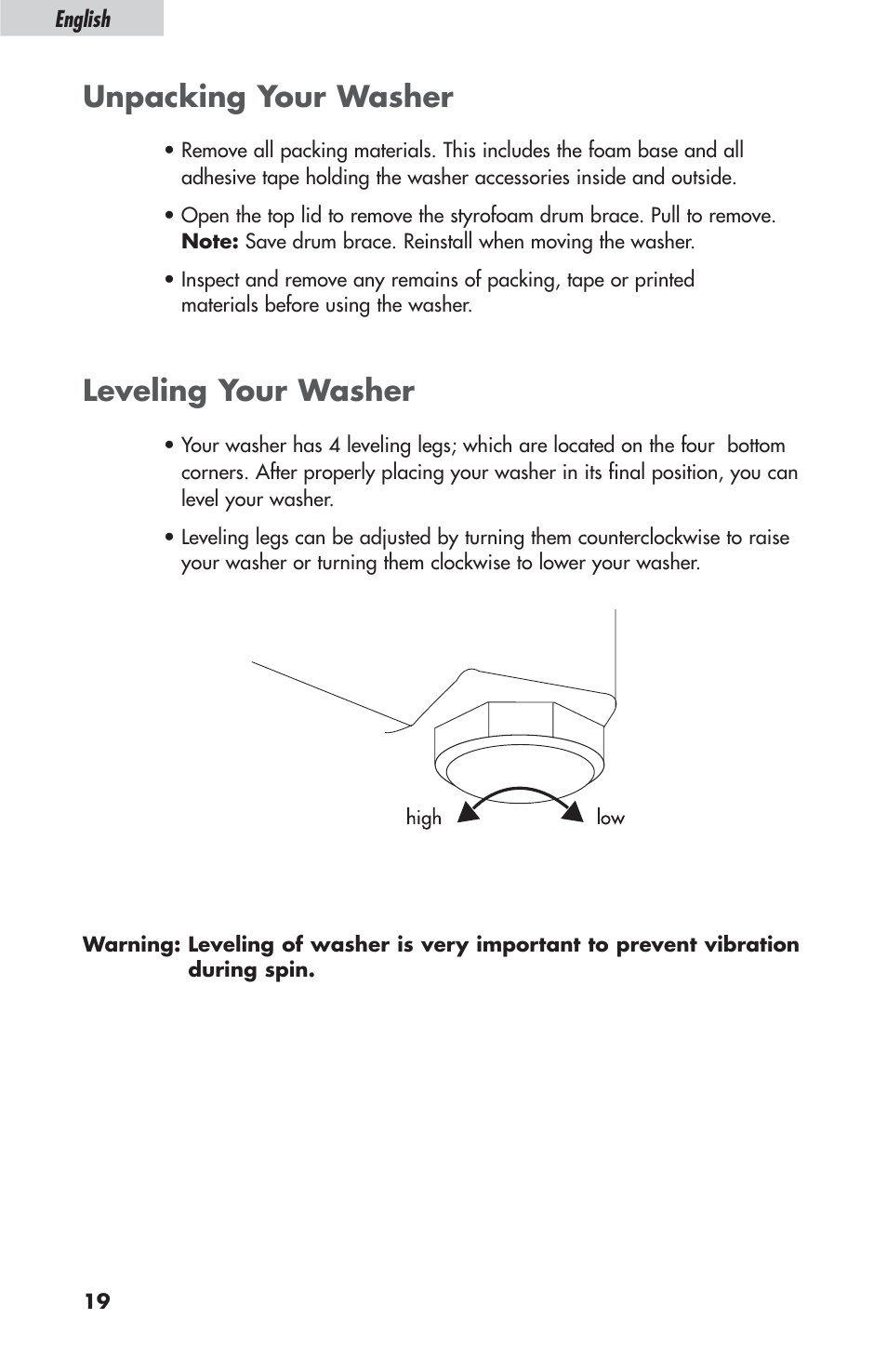 Unpacking your washer, Leveling your washer | haier ESL-T21 User Manual | Page 20 / 72