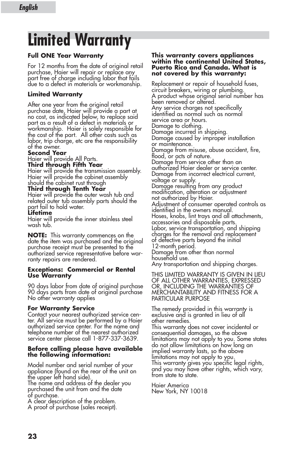 Limited warranty, English | haier ESL-T21 User Manual | Page 24 / 72