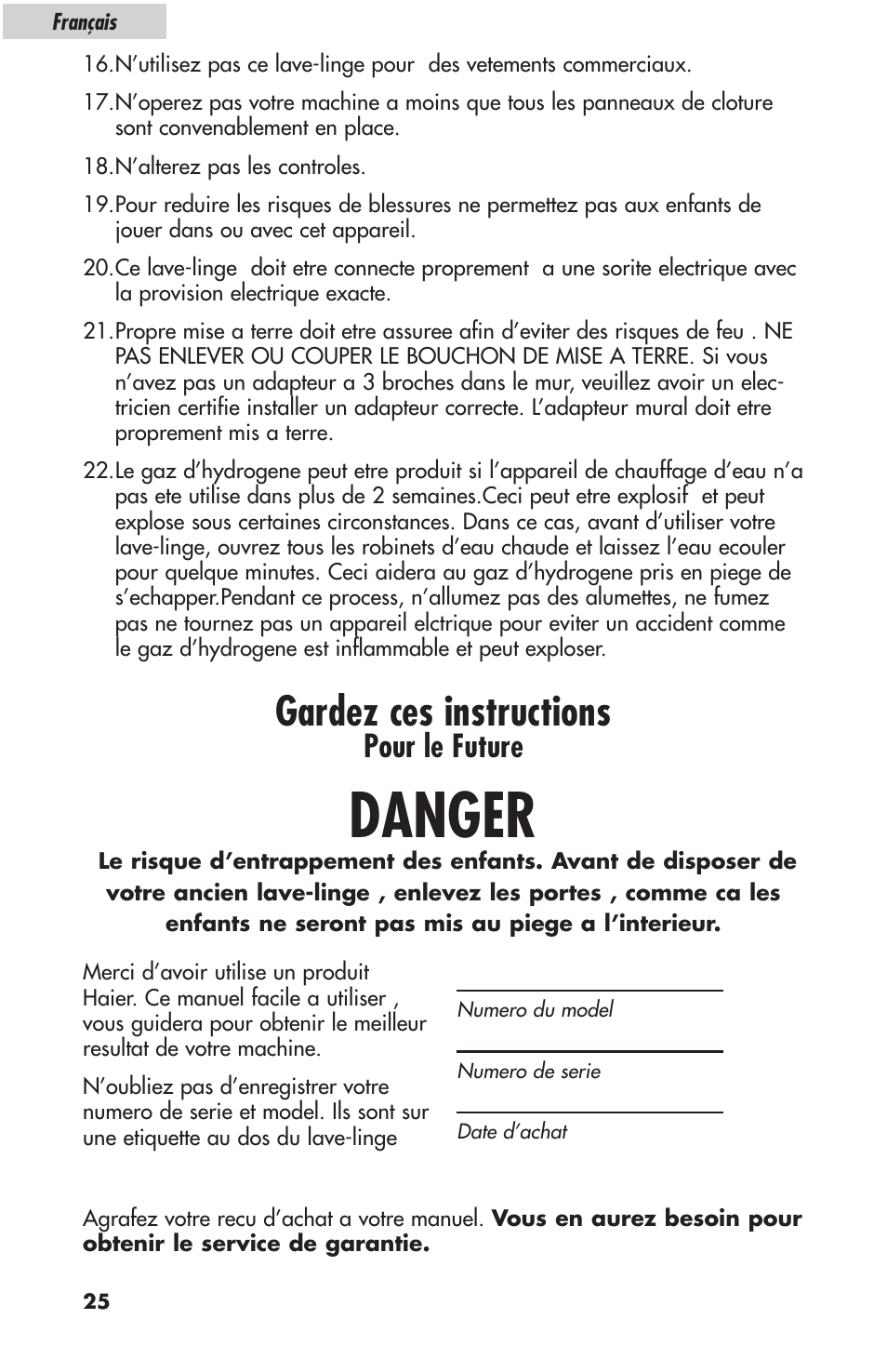 Danger, Gardez ces instructions, Pour le future | haier ESL-T21 User Manual | Page 26 / 72