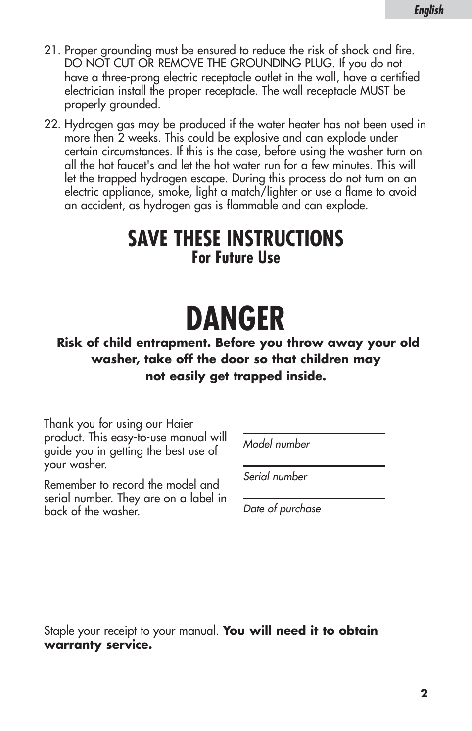 Danger, Save these instructions, For future use | haier ESL-T21 User Manual | Page 3 / 72