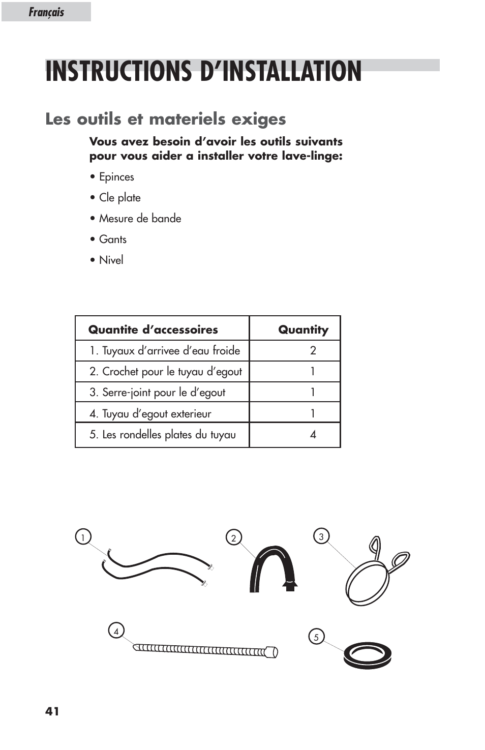 Instructions d’installation, Les outils et materiels exiges | haier ESL-T21 User Manual | Page 42 / 72