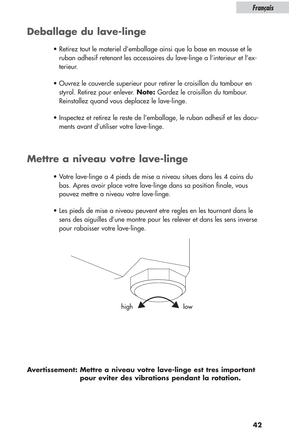 Deballage du lave-linge, Mettre a niveau votre lave-linge | haier ESL-T21 User Manual | Page 43 / 72