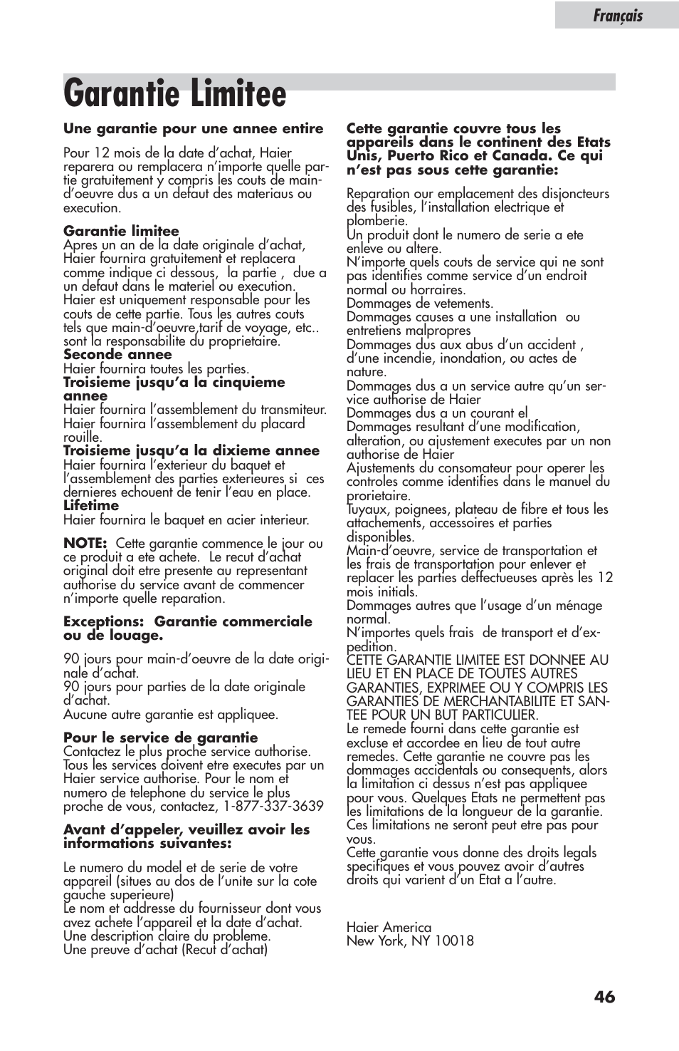 Garantie limitee, Français | haier ESL-T21 User Manual | Page 47 / 72
