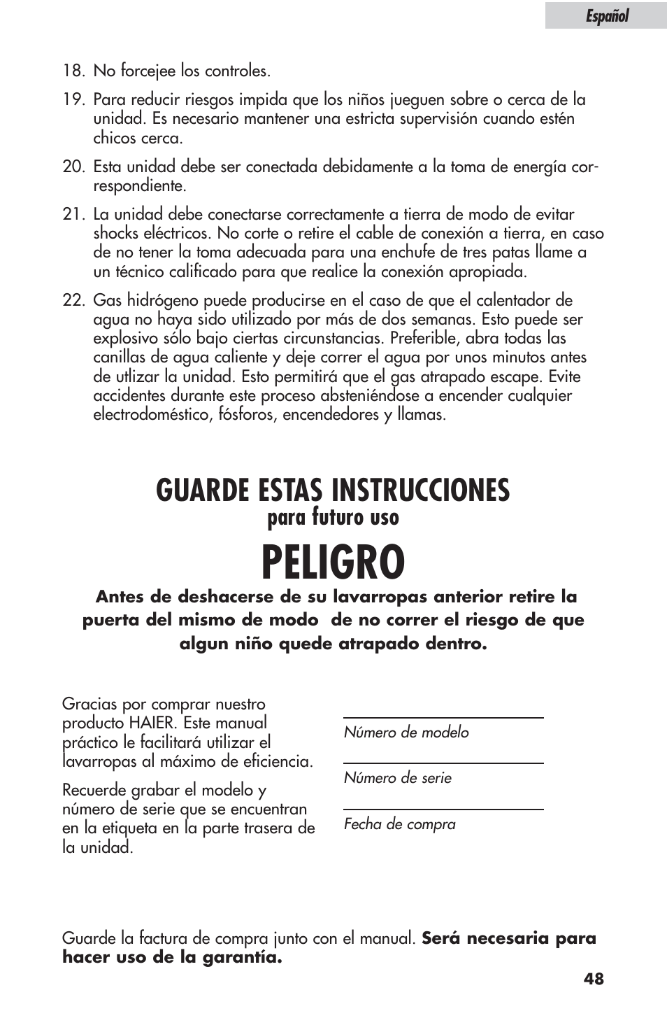 Peligro, Guarde estas instrucciones, Para futuro uso | haier ESL-T21 User Manual | Page 49 / 72