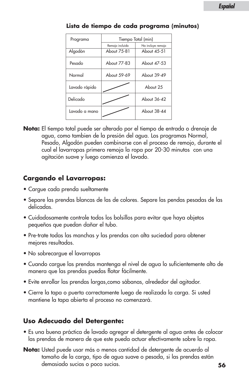 Cargando el lavarropas, Uso adecuado del detergente, Español | haier ESL-T21 User Manual | Page 57 / 72