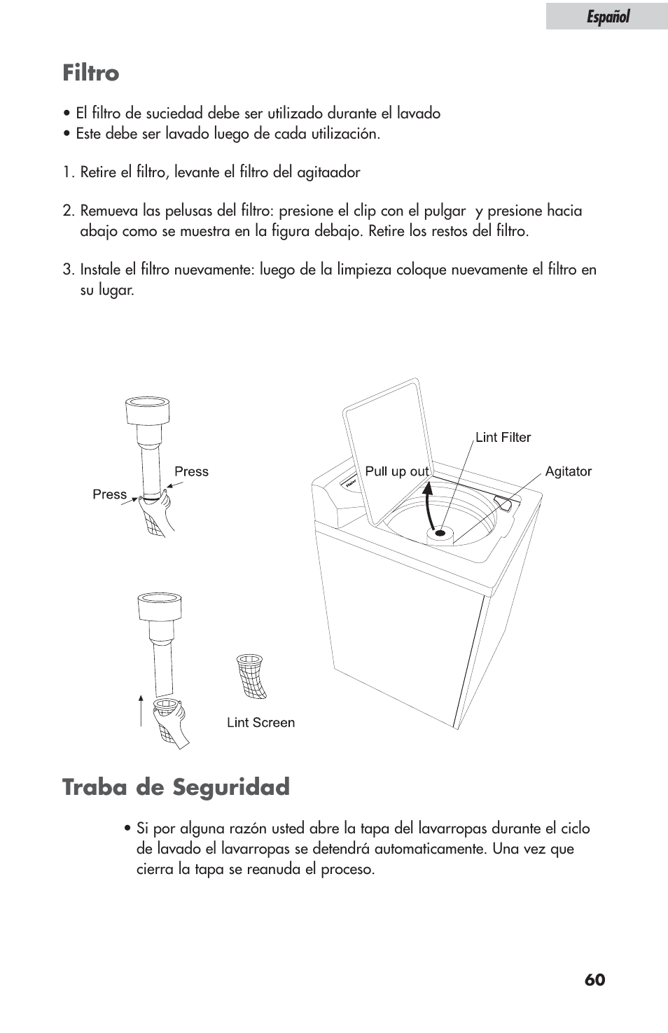 Filtro, Traba de seguridad | haier ESL-T21 User Manual | Page 61 / 72