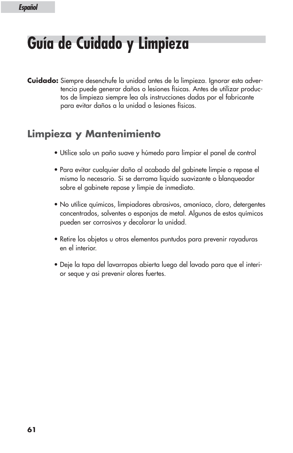 Guía de cuidado y limpieza, Limpieza y mantenimiento | haier ESL-T21 User Manual | Page 62 / 72