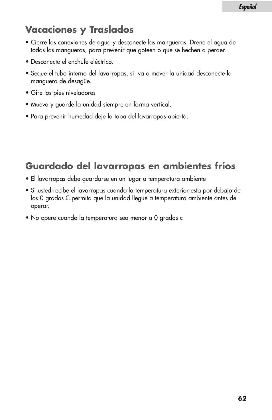 Vacaciones y traslados, Guardado del lavarropas en ambientes fríos | haier ESL-T21 User Manual | Page 63 / 72