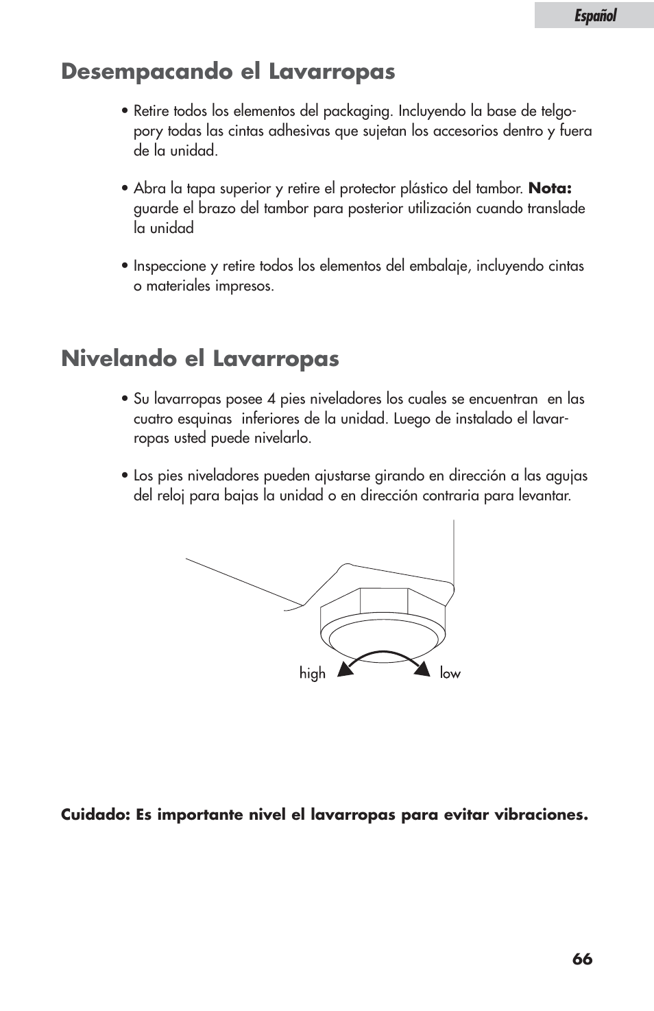 Desempacando el lavarropas, Nivelando el lavarropas | haier ESL-T21 User Manual | Page 67 / 72