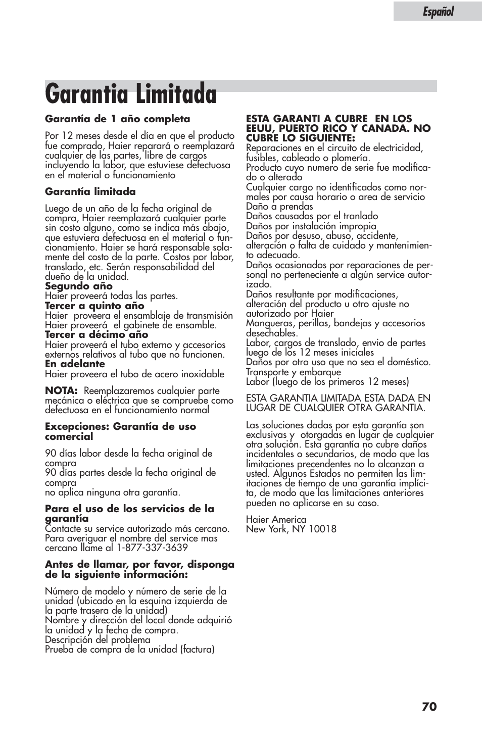 Garantia limitada, Español | haier ESL-T21 User Manual | Page 71 / 72
