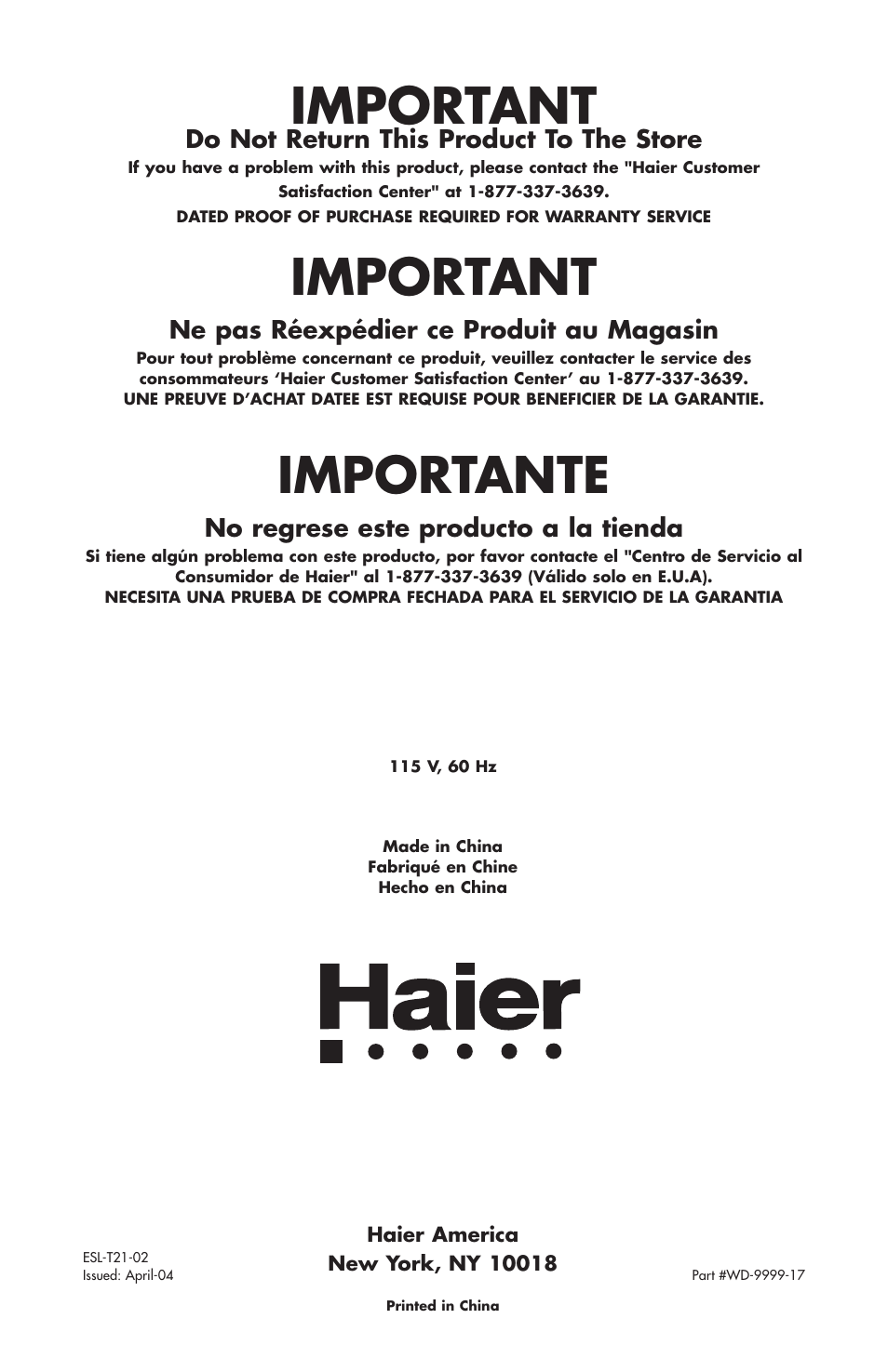 Important, Importante, Do not return this product to the store | Ne pas réexpédier ce produit au magasin, No regrese este producto a la tienda | haier ESL-T21 User Manual | Page 72 / 72