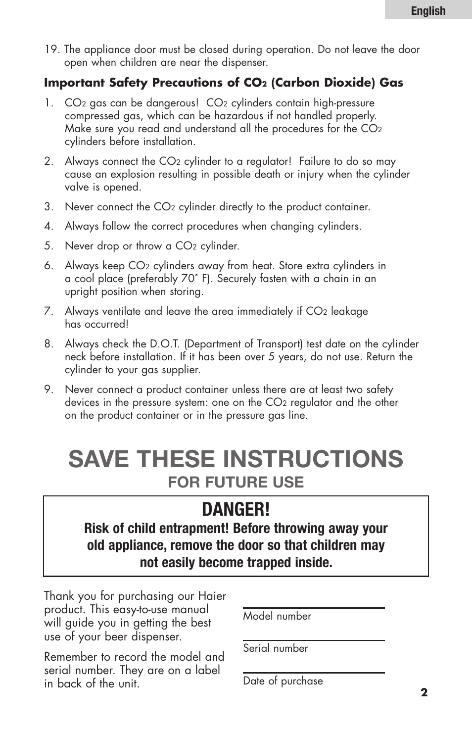 Save these instructions, Danger, For future use | haier HBF205E User Manual | Page 3 / 76