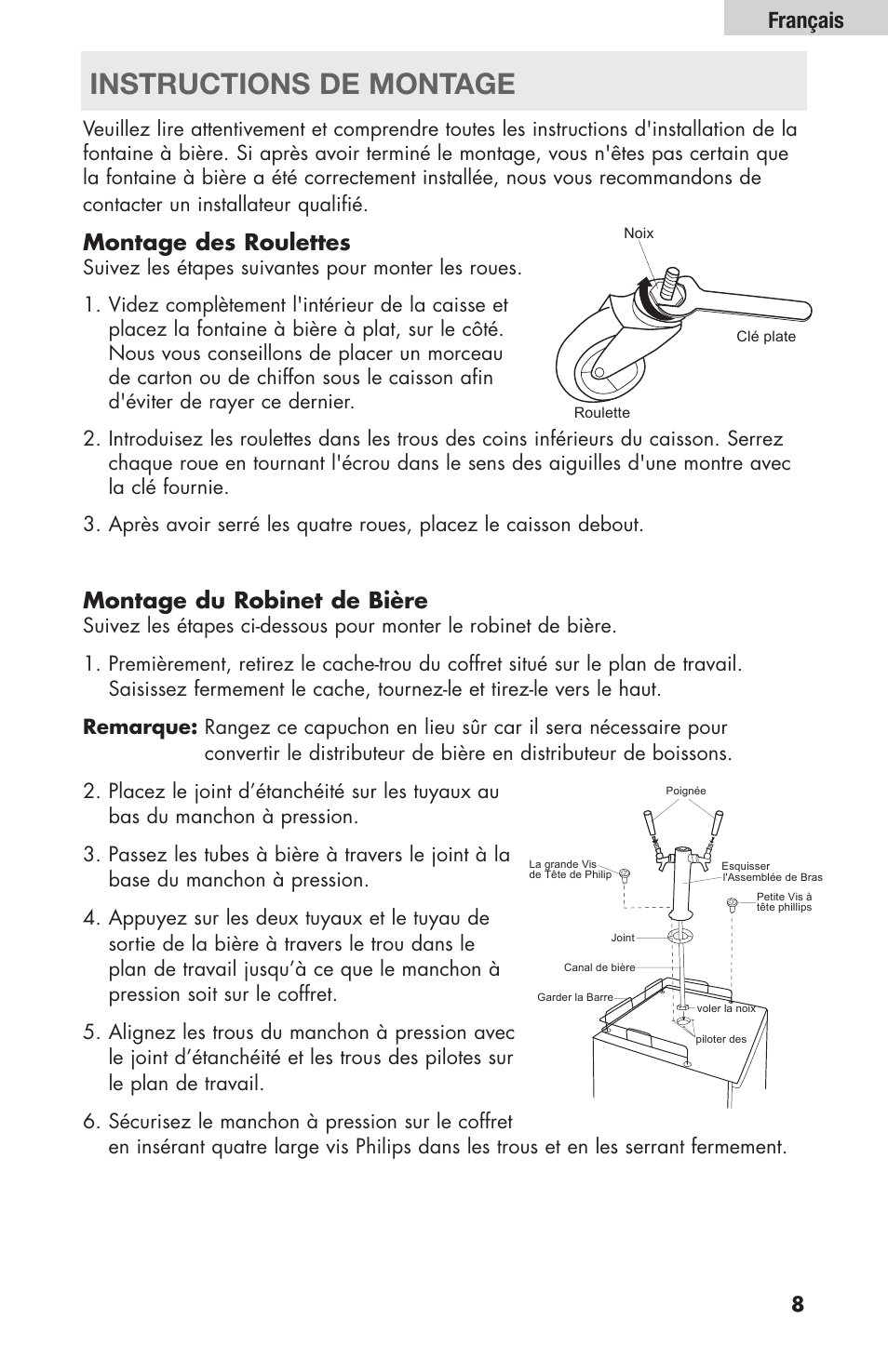 Instructions de montage, Montage des roulettes, Montage du robinet de bière | Français | haier HBF205E User Manual | Page 33 / 76