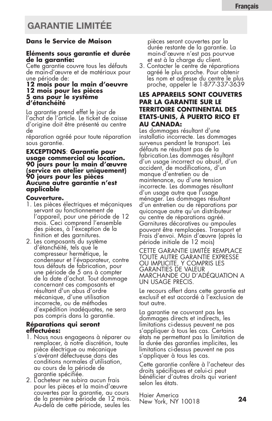 Garantie limitée | haier HBF205E User Manual | Page 49 / 76