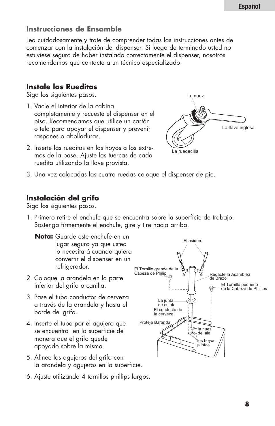 Instale las rueditas, Instalación del grifo, Instrucciones de ensamble | Español | haier HBF205E User Manual | Page 57 / 76