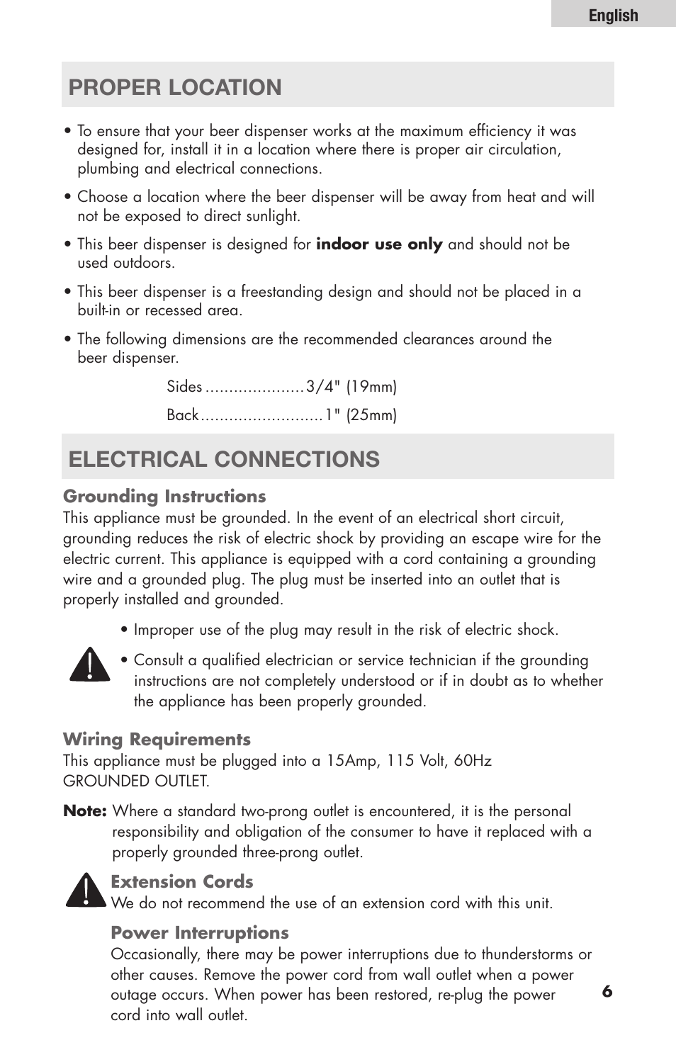 Proper location electrical connections | haier HBF205E User Manual | Page 7 / 76