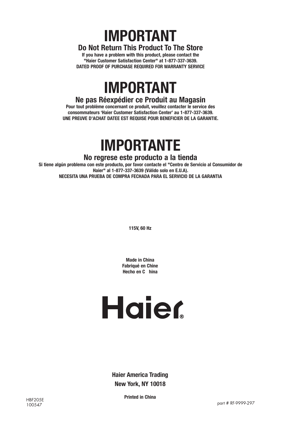 Important, Importante, Do not return this product to the store | Ne pas réexpédier ce produit au magasin, No regrese este producto a la tienda | haier HBF205E User Manual | Page 76 / 76