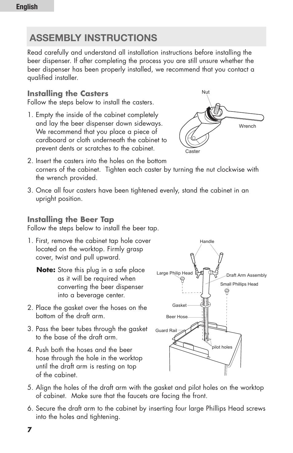 Assembly instructions, Installing the casters, Installing the beer tap | English | haier HBF205E User Manual | Page 8 / 76
