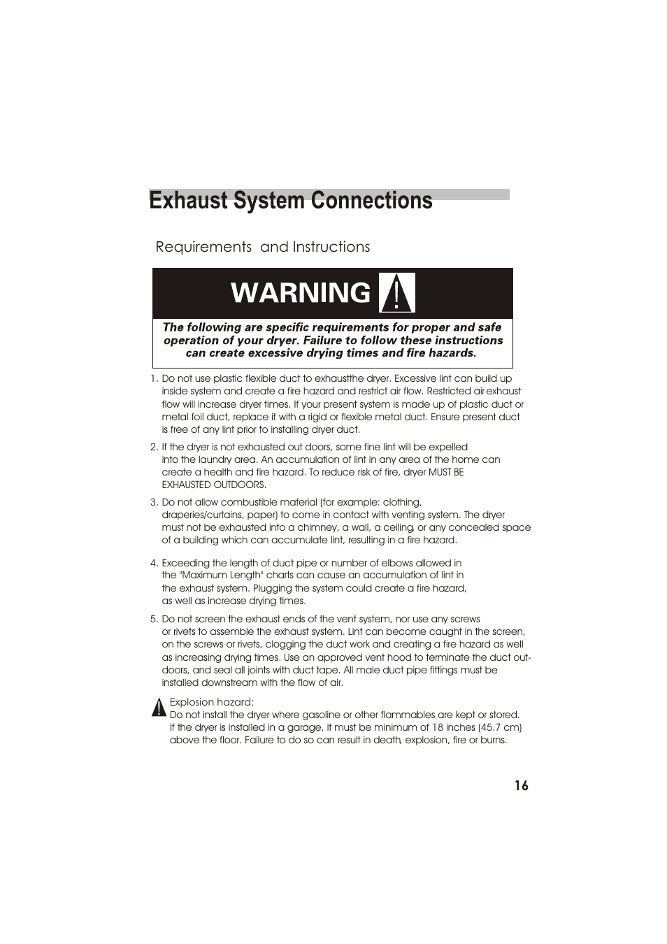 Exhaust system connections, Requirements and instructions | haier GDZ22-2 User Manual | Page 17 / 24