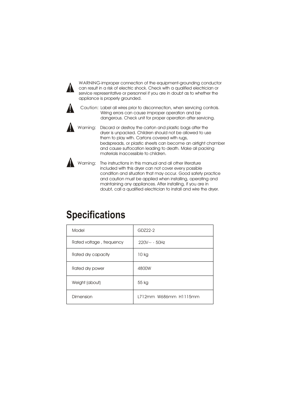 Specifications | haier GDZ22-2 User Manual | Page 24 / 24