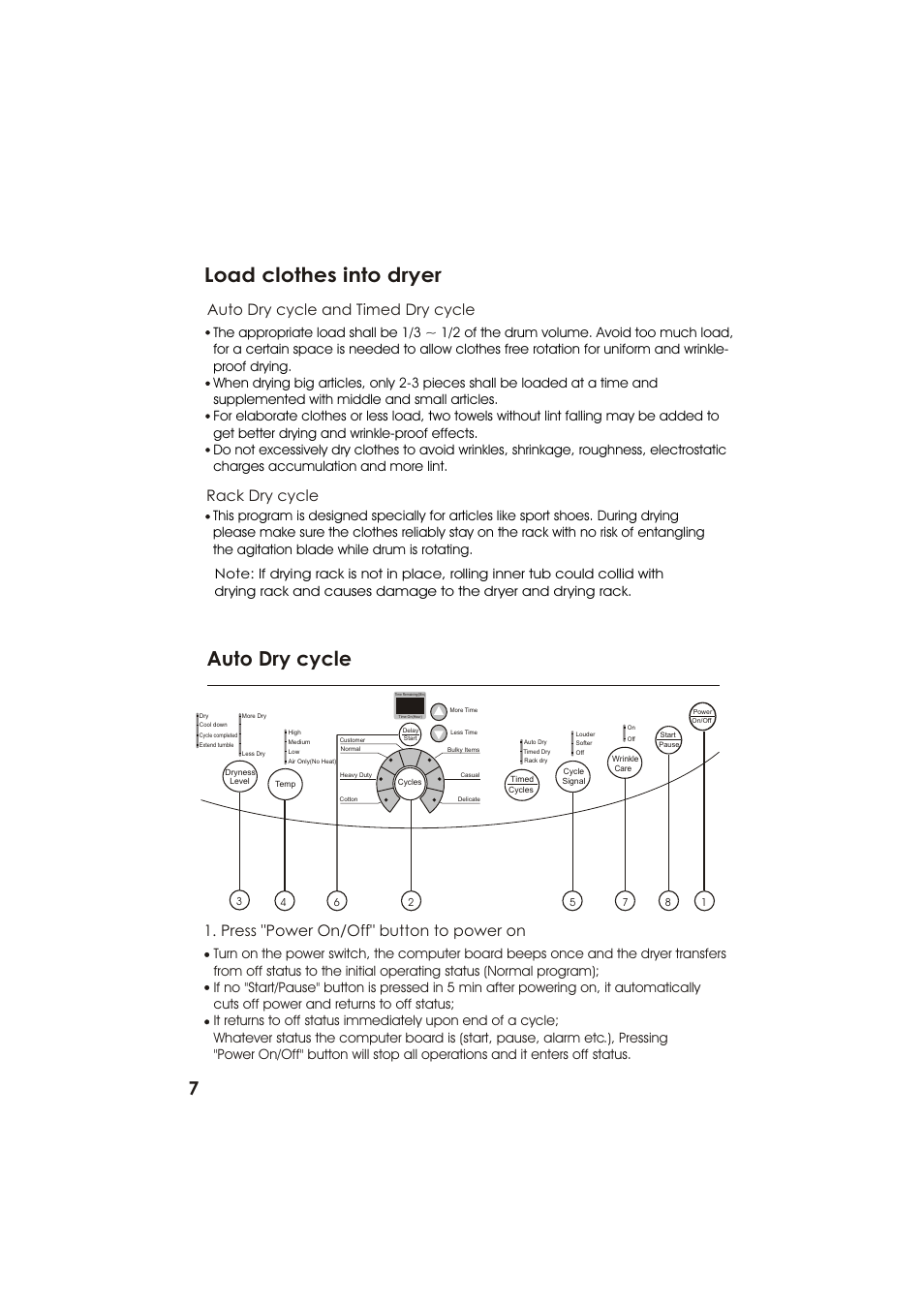Load clothes into dryer, Auto dry cycle, Auto dry cycle and timed dry cycle | Rack dry cycle, Press "power on/off" button to power on | haier GDZ22-2 User Manual | Page 8 / 24