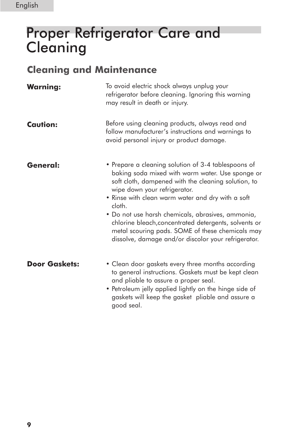 Proper refrigerator care and cleaning, Cleaning and maintenance | haier HNSB02 User Manual | Page 10 / 14