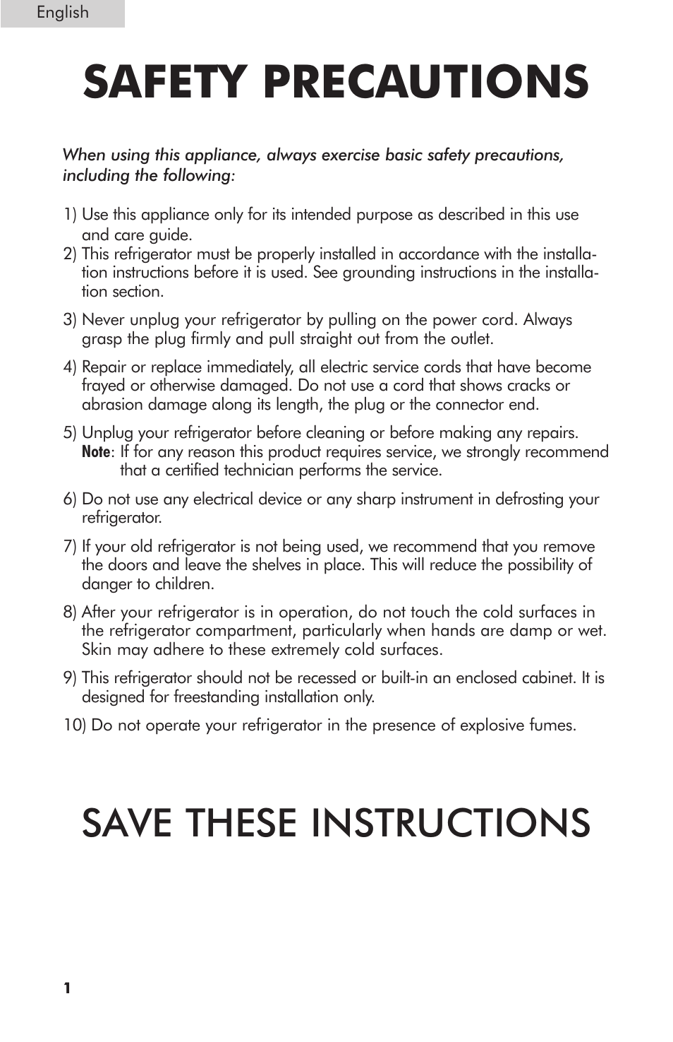 Safety precautions, Save these instructions | haier HNSB02 User Manual | Page 2 / 14
