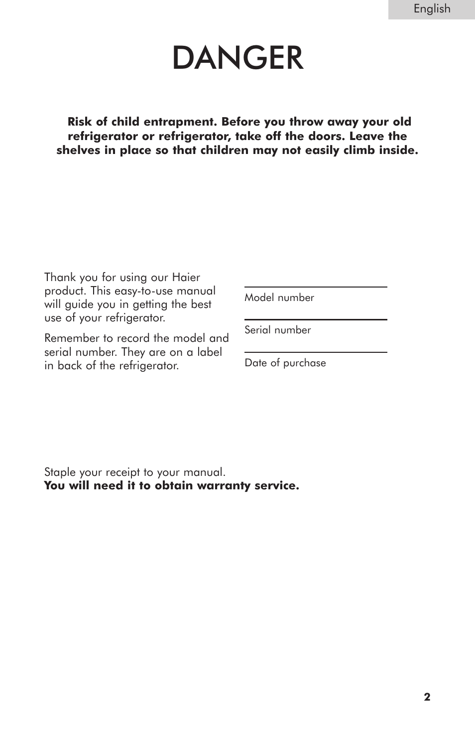 Danger | haier HNSB02 User Manual | Page 3 / 14