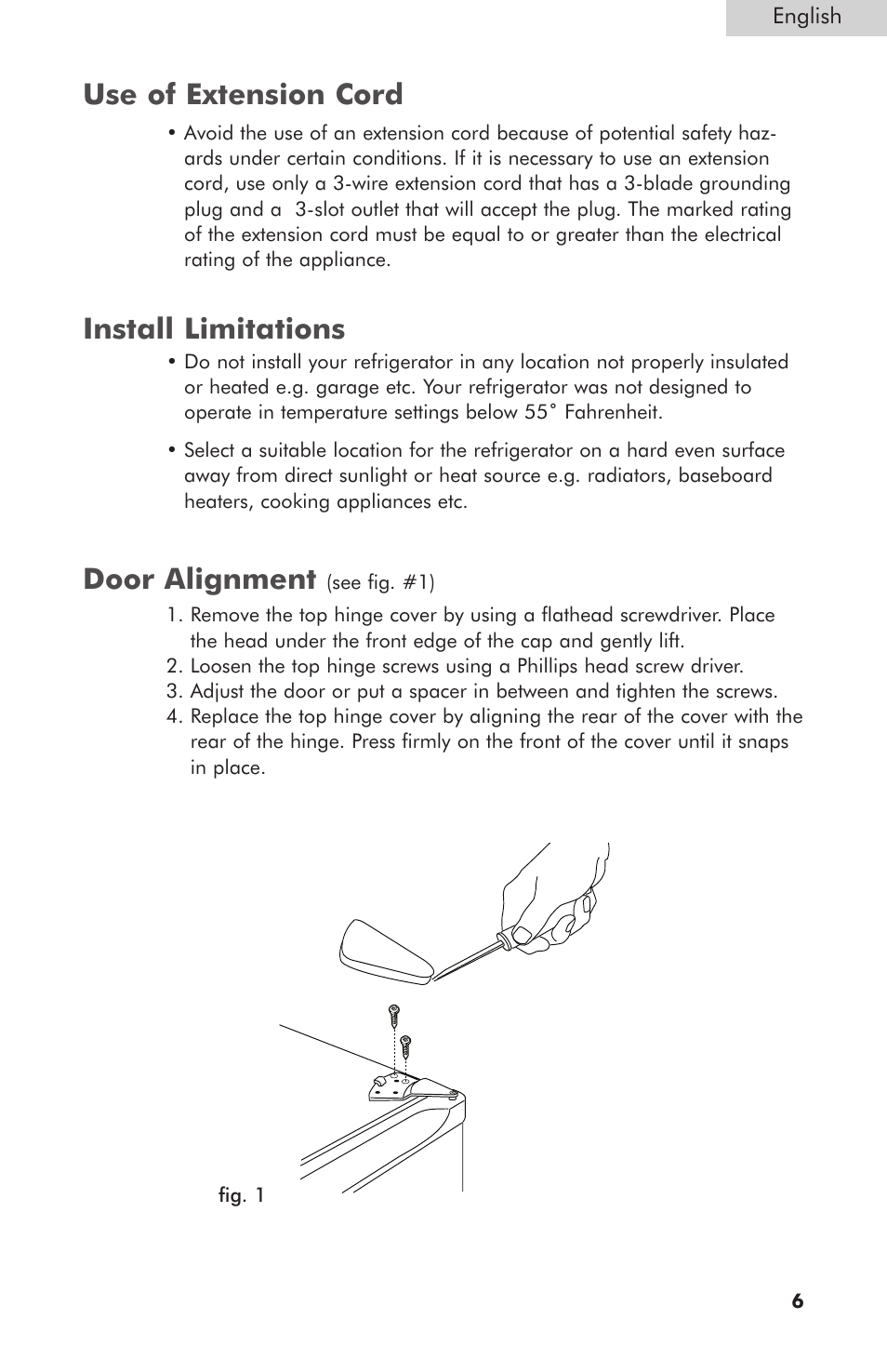 Install limitations, Use of extension cord door alignment | haier HNSB02 User Manual | Page 7 / 14