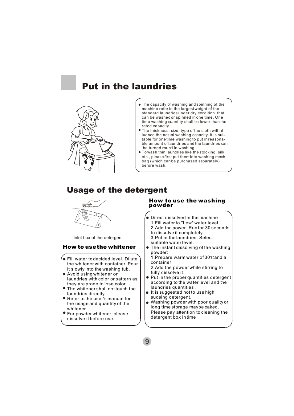 Put in the laundries, Usage of the detergent | haier HWM6000 User Manual | Page 11 / 18