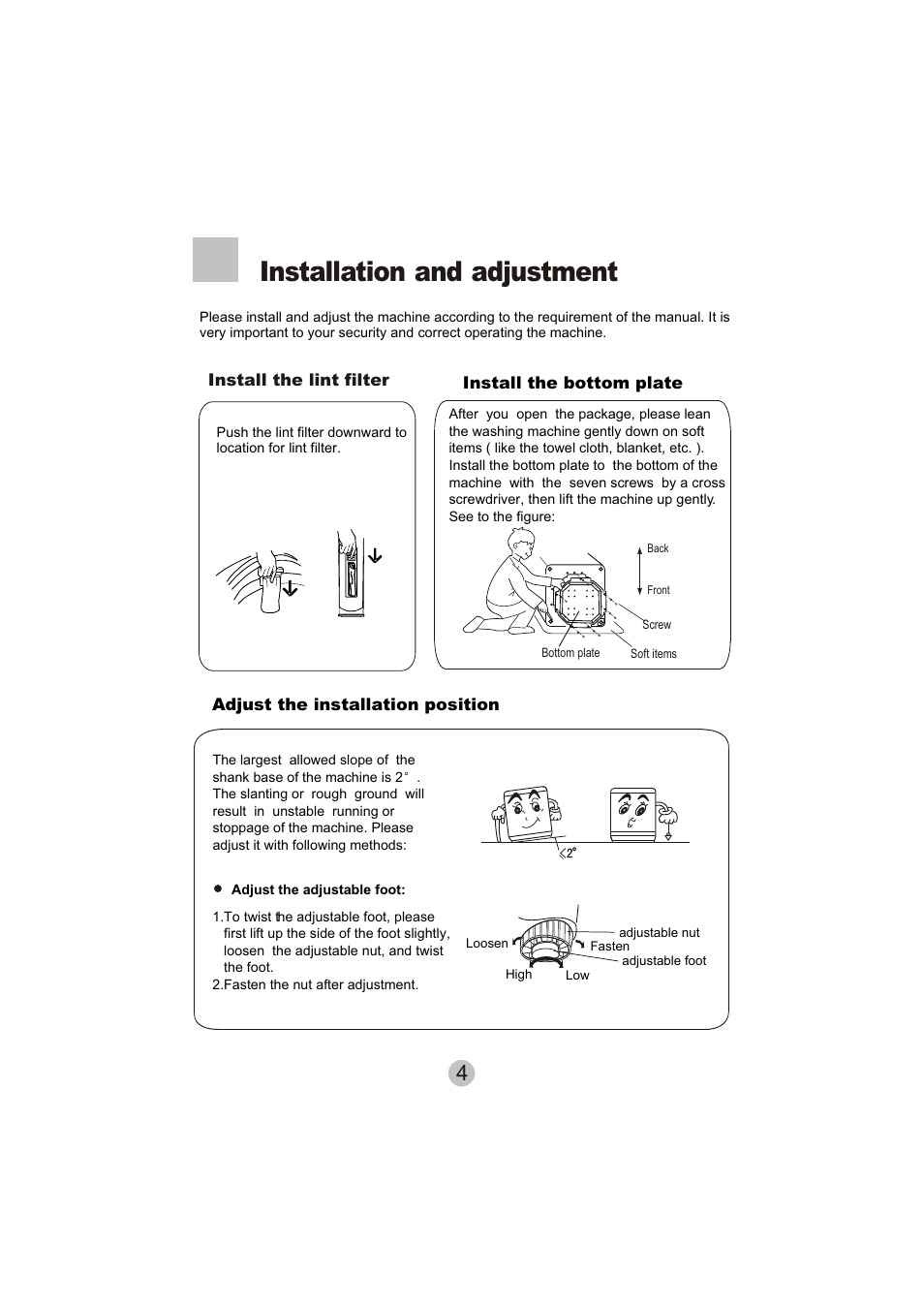 Installation and adjustment | haier HWM6000 User Manual | Page 6 / 18