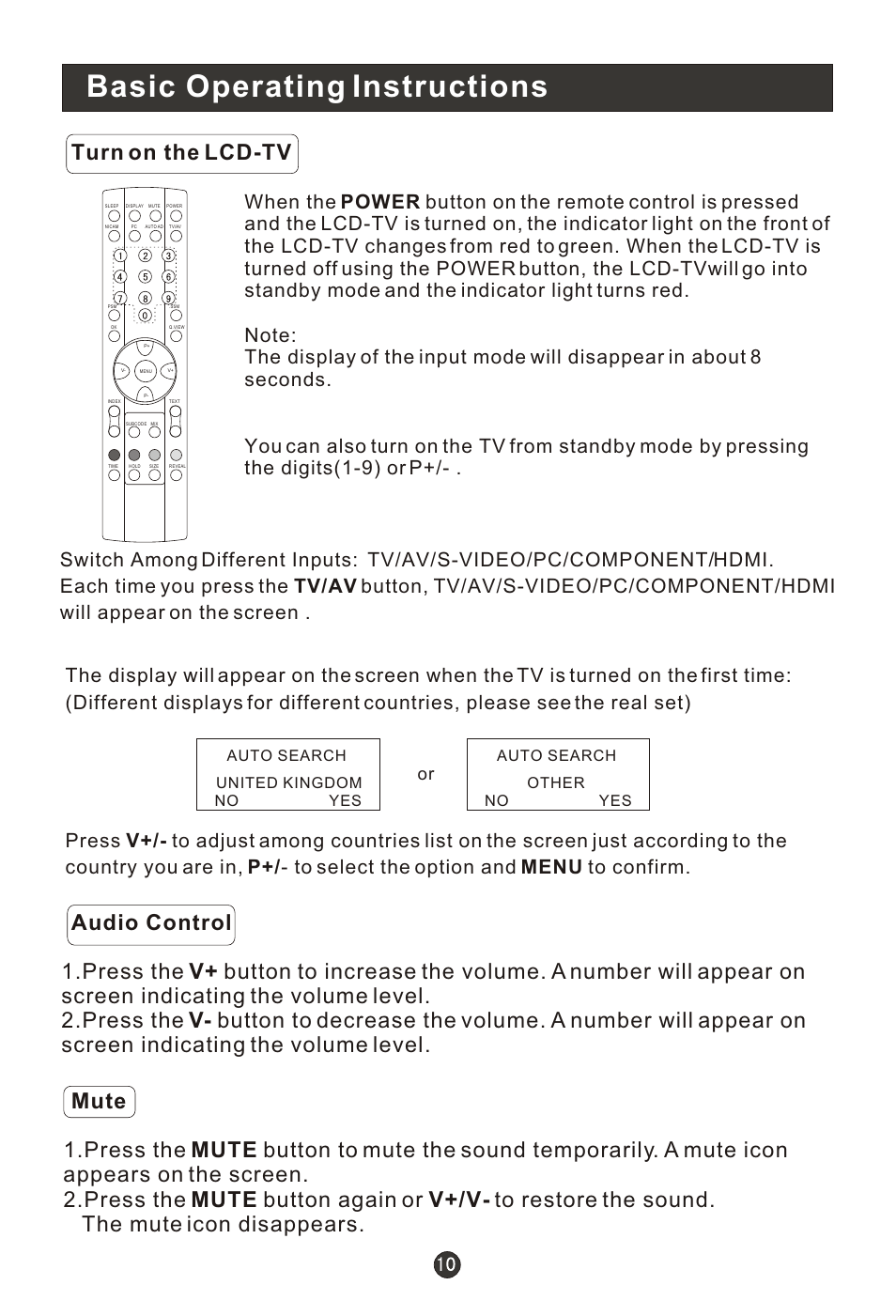 Т³гж 14, Basic operating instructions, Turn on the lcd-tv | Auto search united kingdom no, Auto search other no yes | haier L19R1BW User Manual | Page 13 / 26