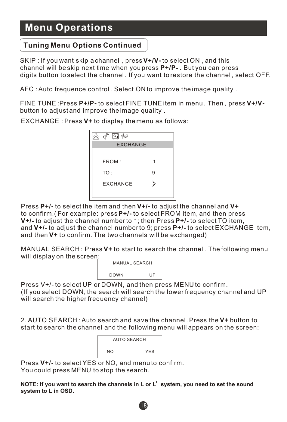 Т³гж 22, Menu operations, Tuning menu options continued | haier L19R1BW User Manual | Page 21 / 26